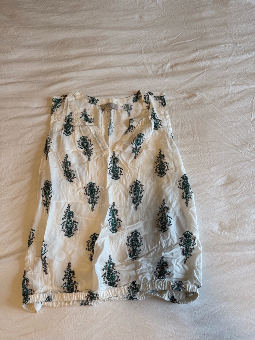 LOFT White Paisley-Accent Sleeveless Top with Green & Black Detail